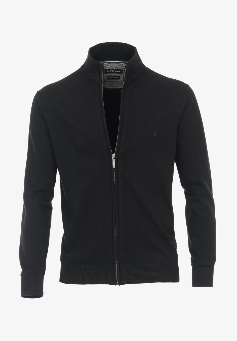 Black zip-up cardigan made of premium cotton, featuring a ribbed collar and cuffs, and a minimal logo on the left side of the chest.