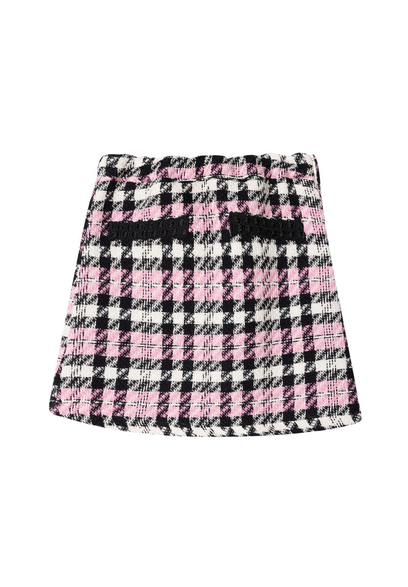 Minirock im Karomuster in Schwarz, Weiß und Pink. Aus strukturiertem Stoff mit einem elastischen Bund und zwei Gesäßtaschen.