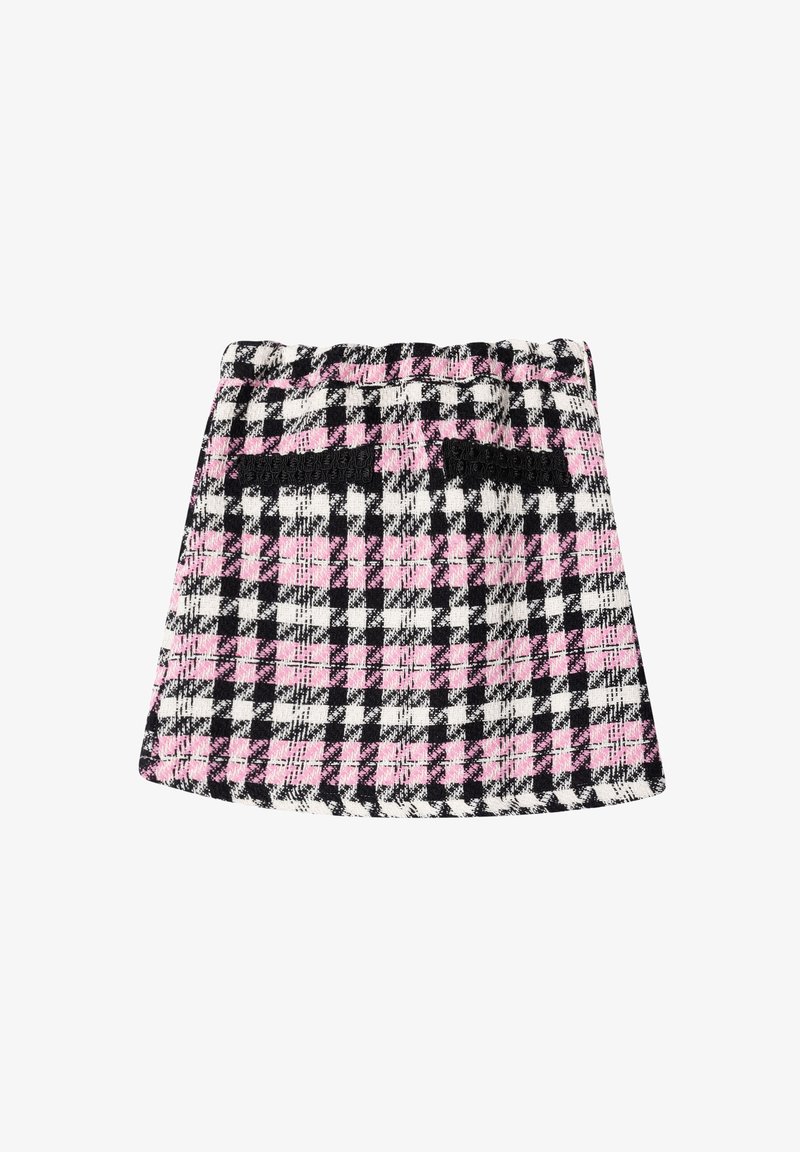 Mini-jupe à carreaux avec un motif noir, blanc et rose. Fabriquée dans un tissu texturé, elle possède une taille élastique et deux poches arrière.