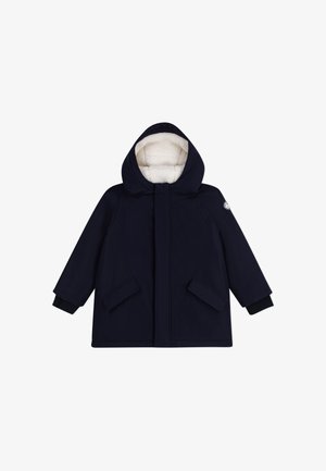 Marineblaue Winterjacke mit Kapuze, weißem Sherpa-Futter, Klappentaschen vorne und gerippten Bündchen.