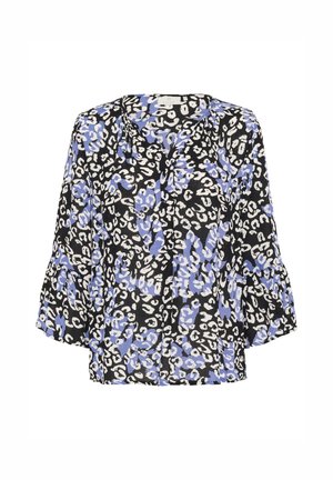 Mustapaita, jossa on sinivalkoinen leopardi-printti, V-pääntie, kolmanneksen pituinen kellohihna ja rento istuvuus.