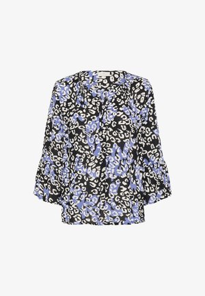 Black blouse with blue and white leopard print, featuring a v-neckline, three-quarter bell sleeves, and a relaxed fit design.
