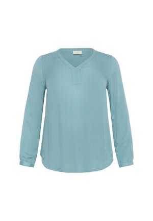 Blusa a maniche lunghe di colore azzurro chiaro con scollatura a V, realizzata in tessuto morbido. Presenta una consistenza sottile e un orlo arrotondato con maniche con polsini.
