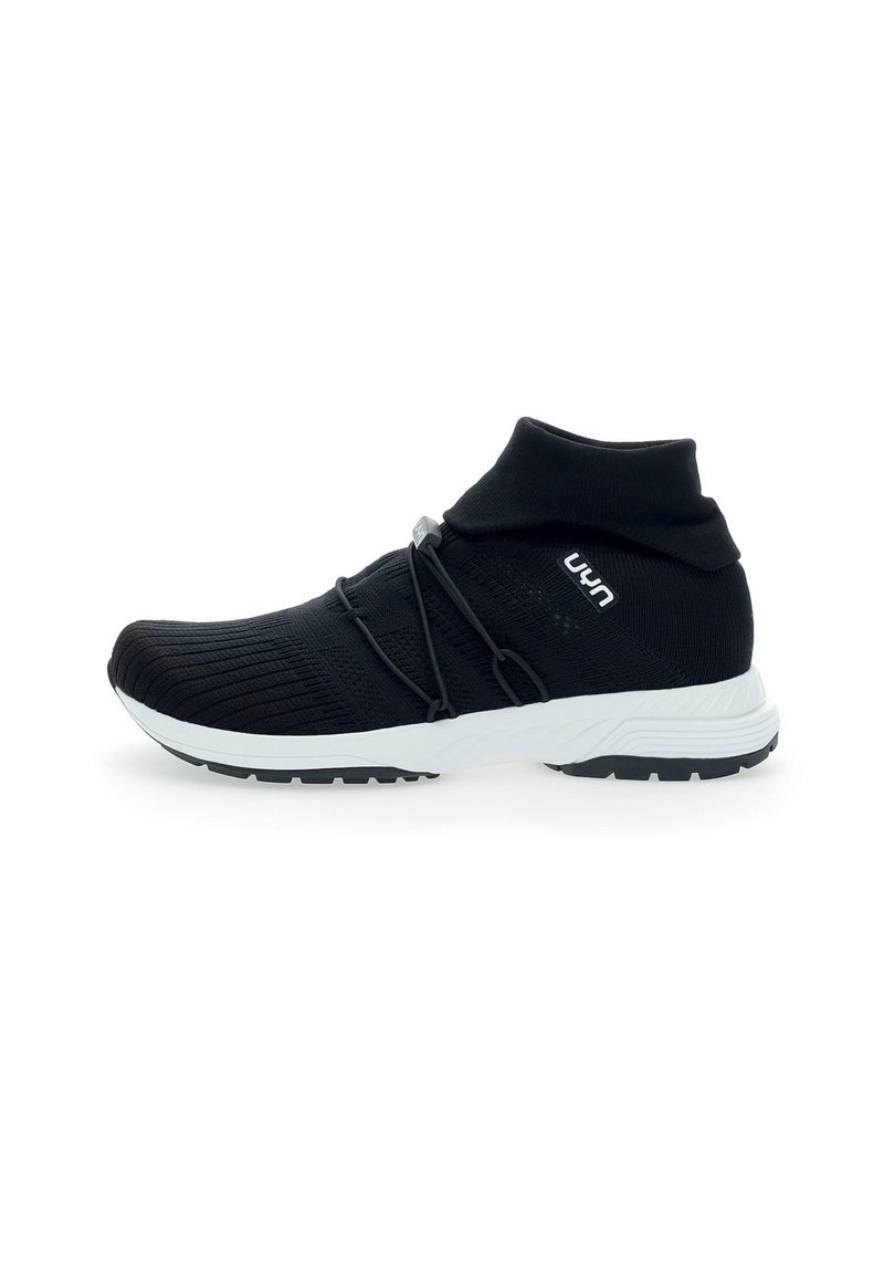 Black knit high-top sneaker with white sole and elastic bungee laces, featuring a sock-like collar and brand logo on the side.