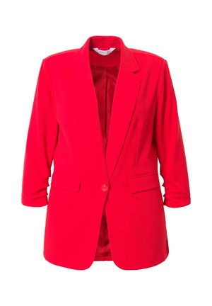 Blazer rojo con solapa de muesca, cierre de un solo botón y dos bolsillos frontales. Hecho de una tela suave, con mangas de tres cuartos.