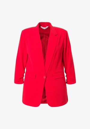 Czerwony marynarka z klapami, jednolitym zapięciem na guzik oraz dwoma przednimi kieszeniami. Wykonana z gładkiego materiału, z rękawami o długości trzech czwarte.