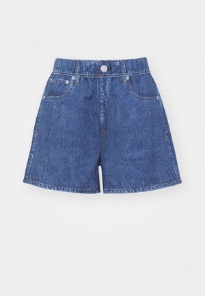 Denimshorts i mørkeblå med høj talje, der har knaplukning, to frontlommer og syede kantdetaljer.
