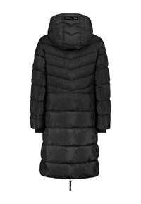 Schwarze Steppjacke mit Kapuze, mit gestepptem Design, langen Ärmeln und einem Kordelzugsaum zur Anpassung. Glatte, glänzende Textur.