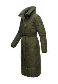 Manteau long rembourré vert olive avec un col haut, une taille cintrée, des poches zippées et des poignets élastiques. Fabriqué en matériau durable et résistant aux intempéries.