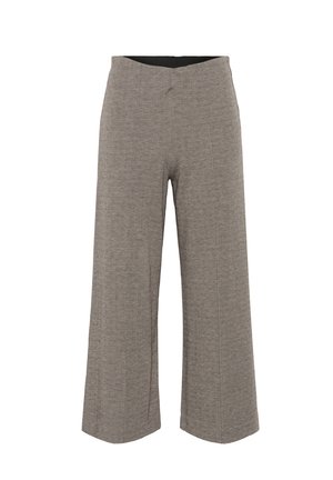 Pantalons évasés en motif chevron, fabriqués en tissu texturé gris, avec une taille noire. Ils présentent une coupe décontractée et une longueur à la cheville.