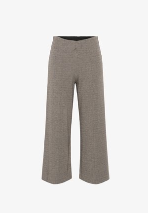 Wide-leg trousers in a herringbone pattern, made from textured gray fabric, with a black waistband. Features a relaxed fit and ankle length.