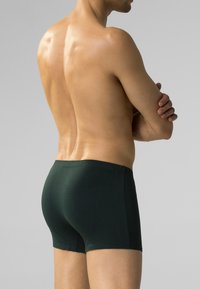 Zielone bawełniane bokserki z elastycznym pasem, widok od tyłu. Gładka tekstura i dopasowany krój, podkreślający kształt sylwetki.
