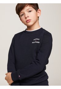 Námořnická modrá bavlněná mikina se kulatým výstřihem, žebrovanými manžetami a vyšitým logem „TOMMY HILFIGER“ na hrudi. Obsahuje logový akcent na rukávu.