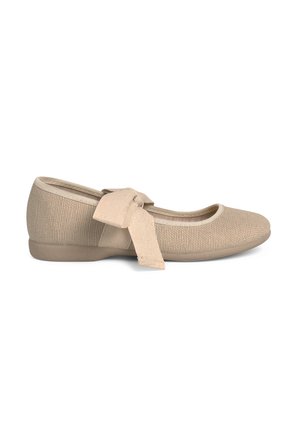 Ballet flat in beige textile with a textured surface, round toe, and a fabric tie accent on the side, featuring a low beige rubber sole.