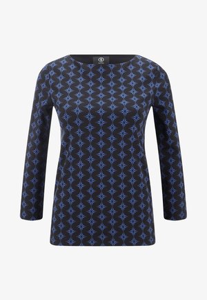 Langärmeliges Oberteil aus schwarzem Stoff mit blauem geometrischem Muster, ausgestattet mit rundem Ausschnitt und lockerem Schnitt.