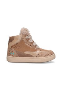Braune perforierte High-Top-Sneaker mit einem pelzigen Pom-Pom-Akzent, metallischen Akzenten und strukturierten Schnürsenkeln. Leichte Gummisohle.