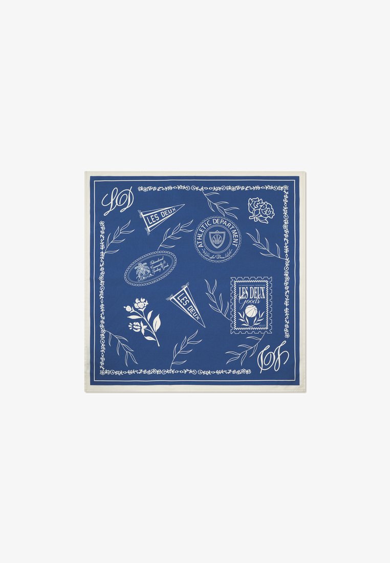 Blue scarf featuring white graphics, including floral designs, text, and pennants, with a bordered pattern. Smooth texture. Square shape.