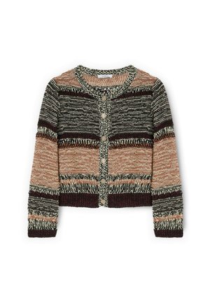 Cardigan lavorato a maglia con bottoni, maniche lunghe e righe orizzontali nei colori beige, nero, marrone e crema.