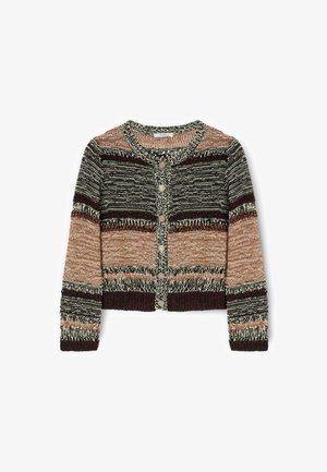 Cardigan lavorato a maglia con bottoni, maniche lunghe e righe orizzontali nei colori beige, nero, marrone e crema.
