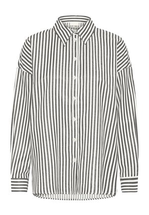 Long-sleeve button-up shirt with black and white vertical stripes, pointed collar, and buttoned cuffs.