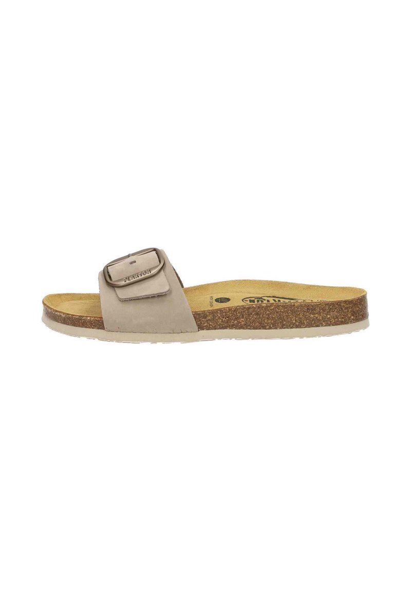 Beige slide sandal with a buckle detail, synthetic upper, cork footbed, lightweight outsole, and minimalistic design for comfort.