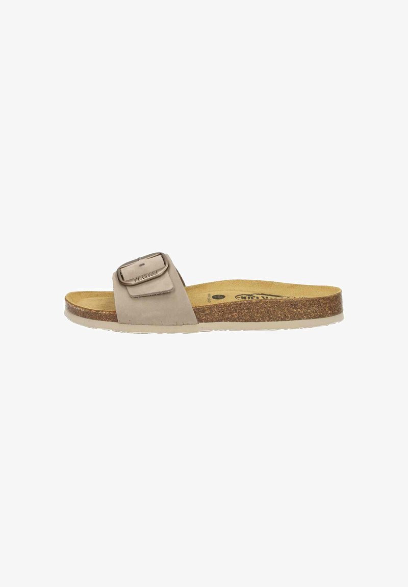 Beige slide sandal with a buckle detail, synthetic upper, cork footbed, lightweight outsole, and minimalistic design for comfort.