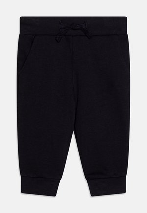 Pantaloni felpa neri in cotone con vita a coste, laccetto regolabile, tasche laterali e polsini a coste. Design semplice senza motivi.