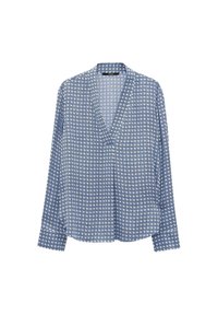 Långärmad blus i blått och vitt med geometriskt mönster, med V-ringning och avslappnad passform, tillverkad av lättviktsmaterial.