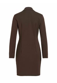 Robe ajustée marron foncé à manches longues, longueur genoux, avec col, vue de dos sur fond blanc.