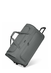 Graue Rollreisetasche in rechteckiger Form mit seitlichen und oberen Griffen, glattem Synthetikgewebe und Reißverschlussverschlüssen.