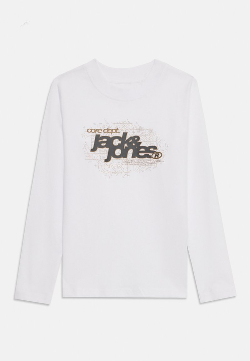 Hosszú ujjú, fehér pamut póló, kerek nyakkivágással. Elöl grafikus logó található szürke és barna színekben.