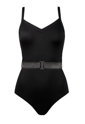 Czarny jednoczęściowy kostium kąpielowy z cienkimi ramiączkami, dekoltem w kształcie litery V oraz dekoracyjnym metalowym paskiem z poziomymi liniami i srebrną klamrą.