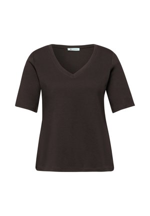 Camiseta de mujer de manga corta color marrón oscuro con escote en V, dobladillo recto y textura de tela suave.