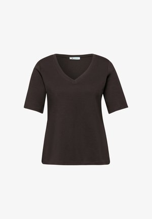 Dunkelbraunes Damen-T-Shirt mit kurzen Ärmeln und V-Ausschnitt, geradem Saum und glatter Stoffstruktur.