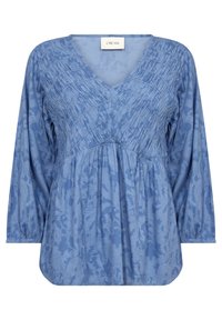 Kék V nyakú blúz, gyűrött textúrával, hosszú ujjakkal és egyenes szedéssel. Virágminta finoman látható az anyagon. Márka: Cream.