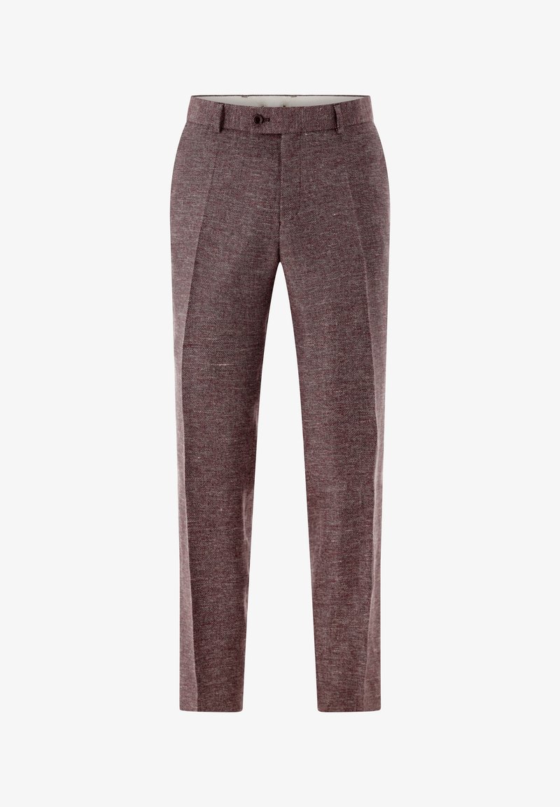 Men's tailored trousers in textured brown fabric with front pleats, belt loops, and a button closure.