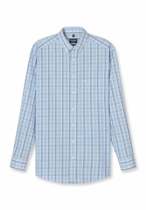 Langärmliges Hemd mit Knopfleiste, hellblau-weiß-schwarz kariertem Muster und einer Brusttasche vorne.