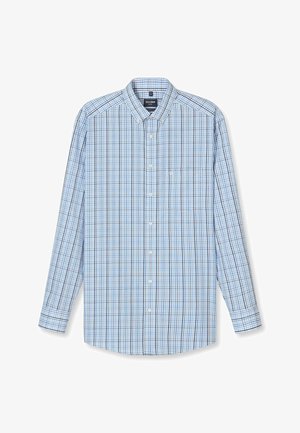 Overhemd met lange mouwen en knopen, met een geruit patroon in lichtblauw, wit en zwart en een borstzak aan de voorkant.