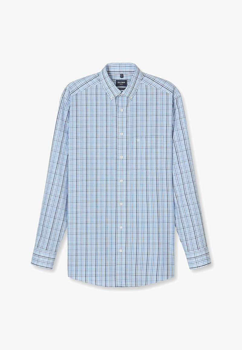 Langärmliges Hemd mit Knopfleiste, hellblau-weiß-schwarz kariertem Muster und einer Brusttasche vorne.