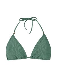 Zelený trojuholníkový bikiny top s textúrovaným vzorom vĺn, viazanými ramienkami na krku a chrbte a malými bronzovými akcentmi. Materiál odvádzajúci vlhkosť.