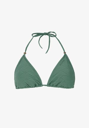 Žalias trikampis bikinio viršus su textura bangų raštu, surišamais kaklo ir nugaros diržais bei mažais bronziniais akcentais. Drėgmę praleidžianti medžiaga.