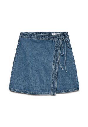 Lys blå denim omslagskjørt med bånd i midjen, med en rett snitt og en glatt tekstur. Ingen synlige mønstre eller detaljer.