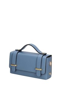 Borsa di pelle blu con forma rettangolare, design strutturato, dettagli in metallo dorato e manico superiore. Presenta una chiusura sicura.