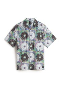 Camicia a maniche corte con bottoni, caratterizzata da un motivo floreale multicolore con grandi fiori bianchi e neri su uno sfondo vivace.