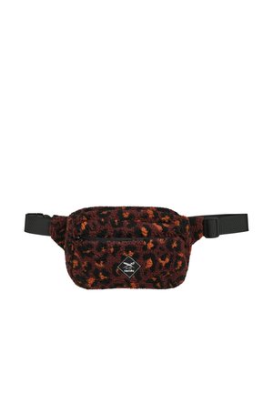 Fuzzy waist bag with dark brown, black, and orange leopard print, front zipper pocket, adjustable black strap, and small square logo patch.