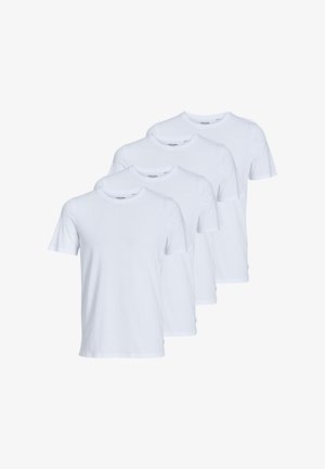 Vier effen witte T-shirts met korte mouwen en ronde hals, diagonaal gestapeld, waarbij de voorkant en het merkembleem aan de binnenkant van de kraag zichtbaar zijn.