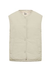 Beige Steppweste mit runder Halslinie, vorderer Knopfleiste und seitlichen Taschen. Weiche, strukturierte Fütterung, die am Kragen sichtbar ist.