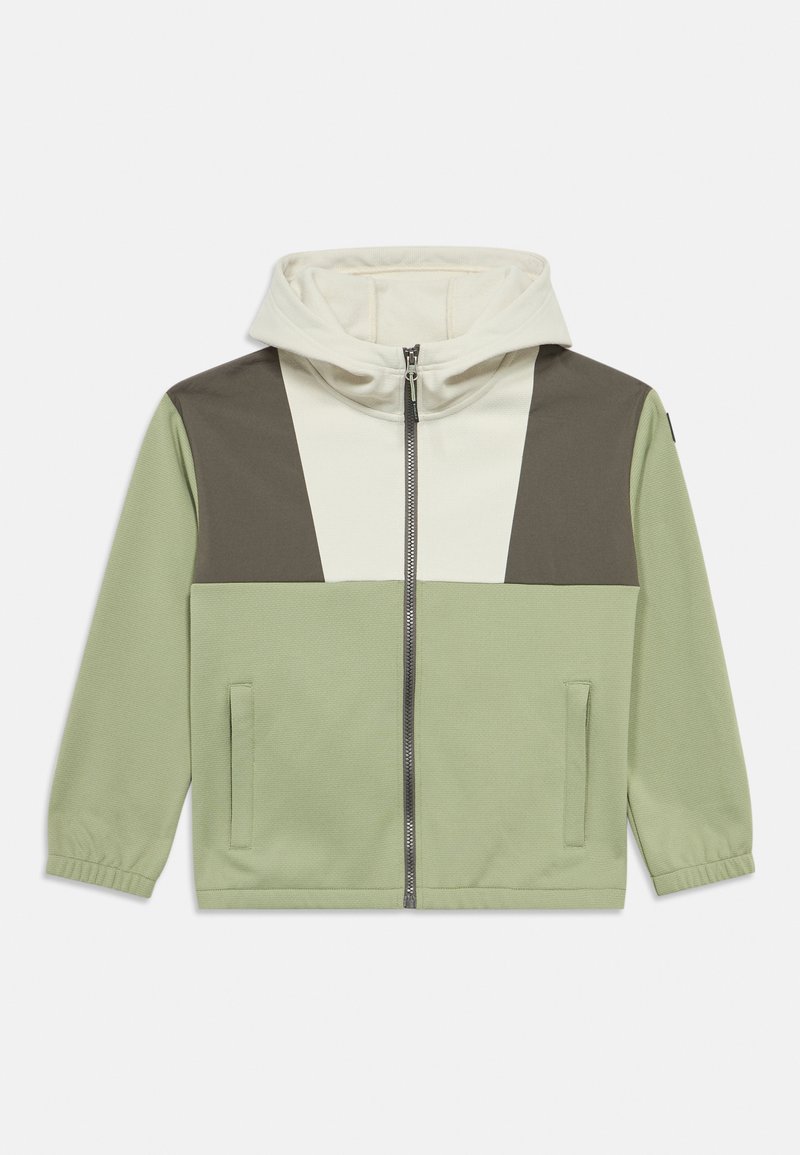 Πράσινο μπουφάν με φερμουάρ και κουκούλα, με λευκό και σκούρο καφέ γεωμετρικό σχέδιο στο πάνω μέρος του μπροστινού τμήματος, υφασμάτινη υφή και πλαϊνές τσέπες.