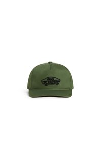 Grüne Cap aus robustem Stoff, mit einem schwarz gestickten Logo, das ein Auto-Design zeigt. Strukturierte Krone und gebogener Schirm.