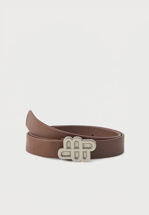 Brown leather belt with a smooth texture, featuring a silver-tone metal buckle in a unique geometric design.